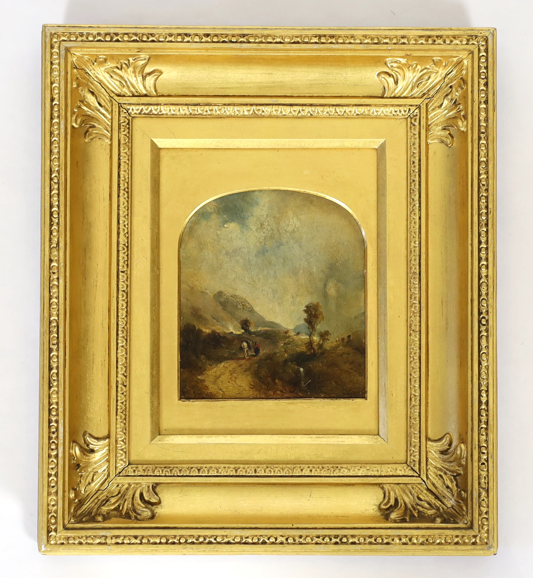 Follower of J.M.W. Turner (English, 1775-1851), Landscape and figure, oil on wooden panel, 14 x 12cm